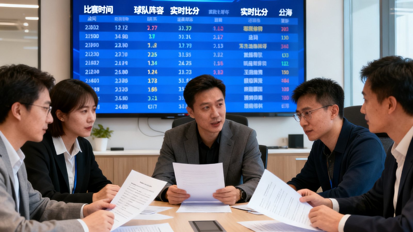 足球情报网上海办公室，数据大屏实时滚动比赛数据，分析师团队正在讨论英超赛前报告